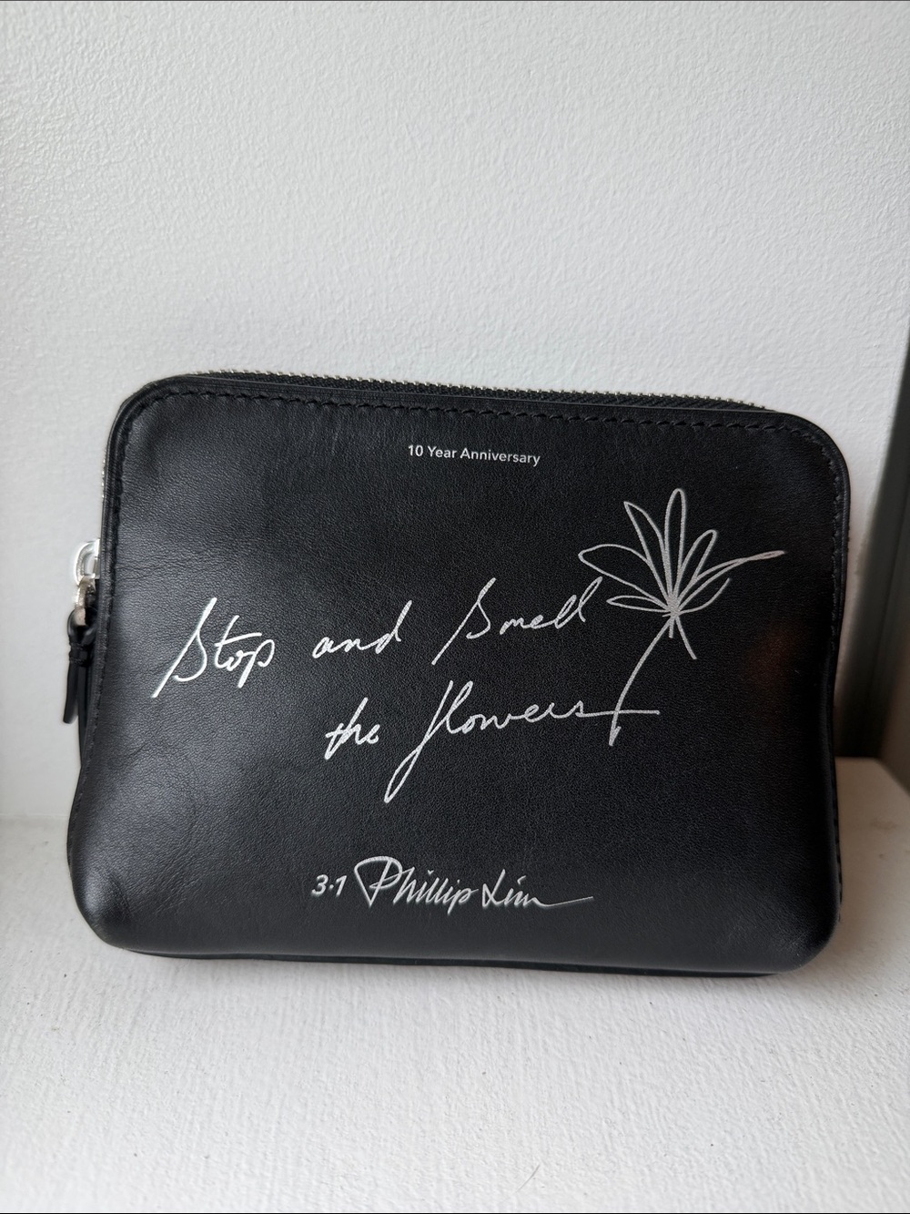 3.1 Phillip Lim Black Ltd Ed Leather Zip Pouch & White Script and Flower Motif